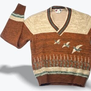 Vintage Chess King V Neck Sweater Duck Motif Chocolate Brown Colorblock Medium